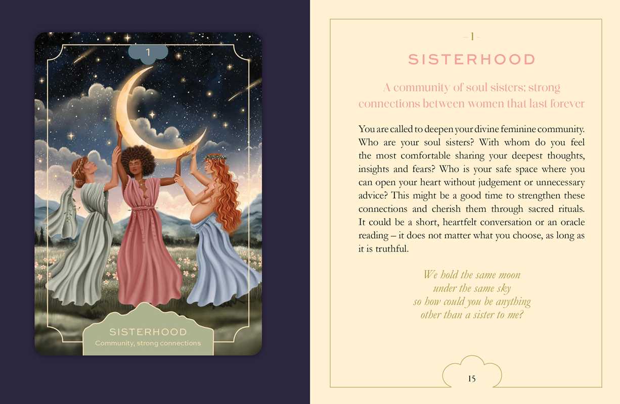 Card featuring three women holding a crescent moon with text on a dark blue background