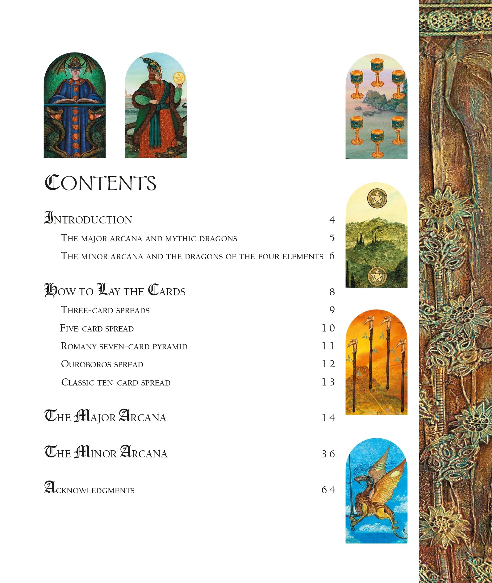Table of contents for a tarot card book with illustrations and text on a white background.
