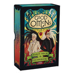 Good Omens tarot deck and guidebook packaging with colorful design and characters on a white background