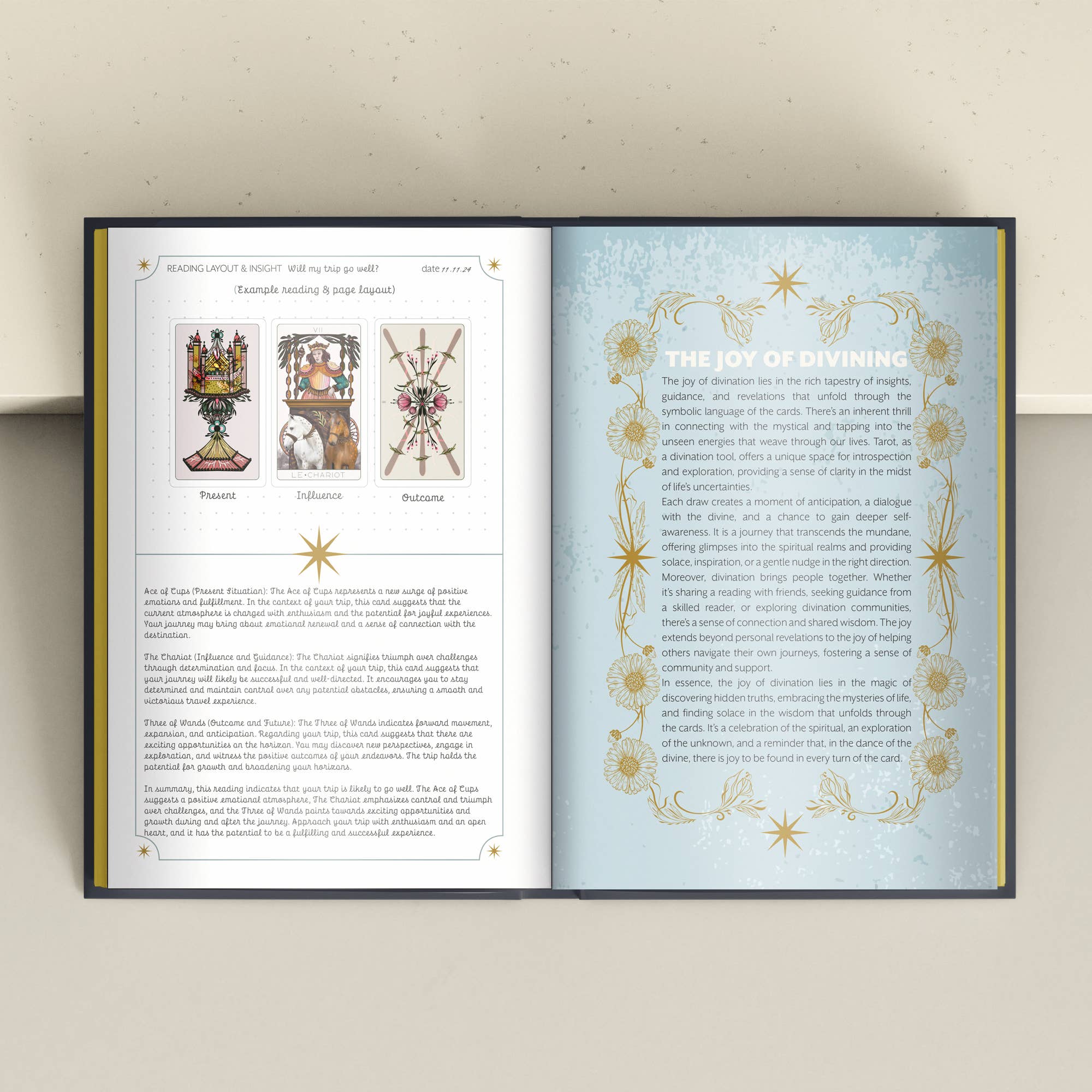 An open book spread showing two printed pages with decorative text and illustrations. The left page has three small illustrated figures and blocks of text, while the right page has a pale blue background with ornate gold decorative borders and the heading 'THE JOY OF DIVINING.