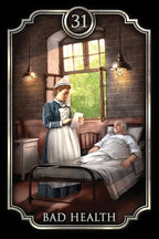 Vintage-style illustration of a nurse attending to a patient in bed, with 'Bad Health' text at the bottom.