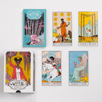 Collection of tarot cards and a box on a white background