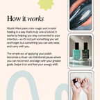 Product description with images of nail polish and hands applying polish, set against a light background.