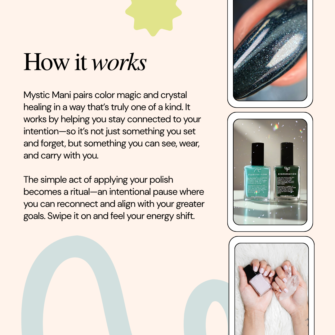 Product description with images of nail polish and hands applying polish, set against a light background.