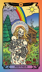 Skeletal family with rainbow and cabin in a forest, tarot card-style illustration.