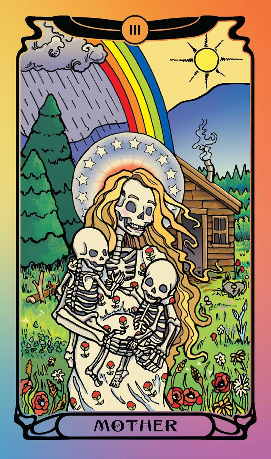 Skeletal family with rainbow and cabin in a forest, tarot card-style illustration.