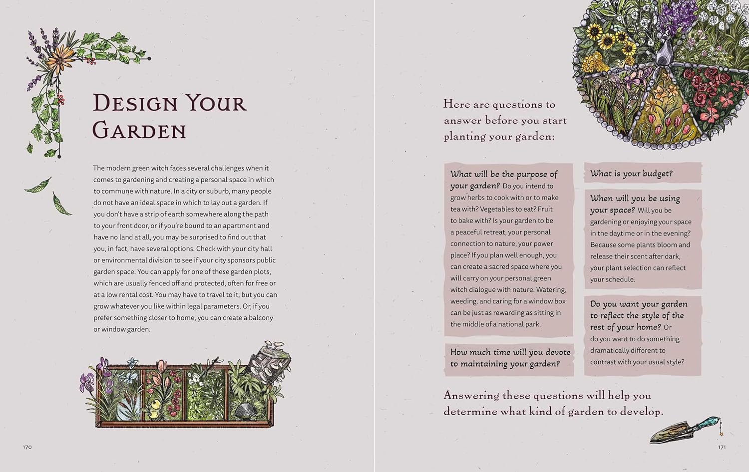 Book page with gardening advice and illustrations on a light gray background