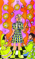 Colorful illustration of a woman in a checkered dress with two children, surrounded by star symbols.