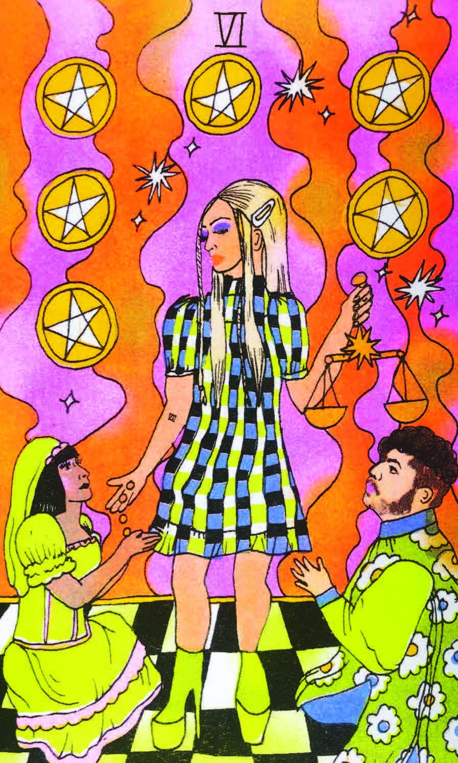 Colorful illustration of a woman in a checkered dress with two children, surrounded by star symbols.