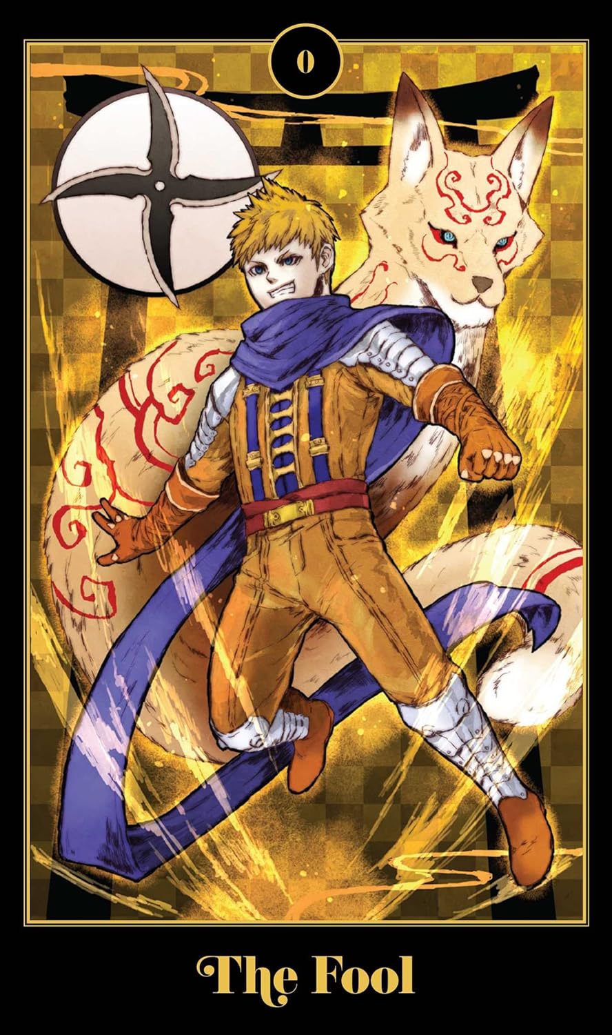 Card featuring a character with a fox-like creature, labeled 'The Fool', on a gold and black background.