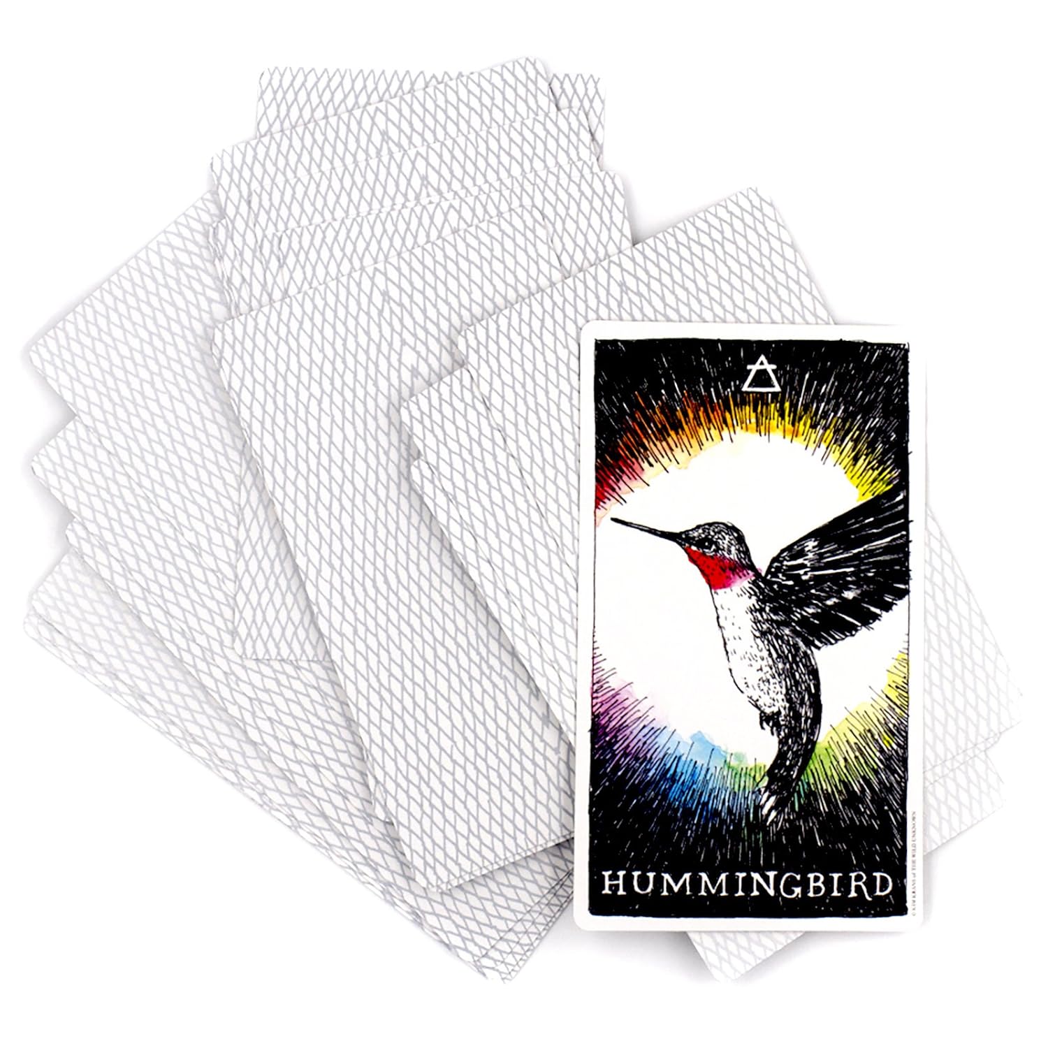 Card with a hummingbird illustration and 'Hummingbird' text, surrounded by clear plastic sleeves on a white background.