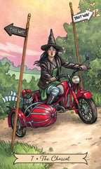 Cartoon witch riding a red motorcycle with a sidecar, surrounded by signs pointing 'This Way' and 'That Way', in a forest setting.