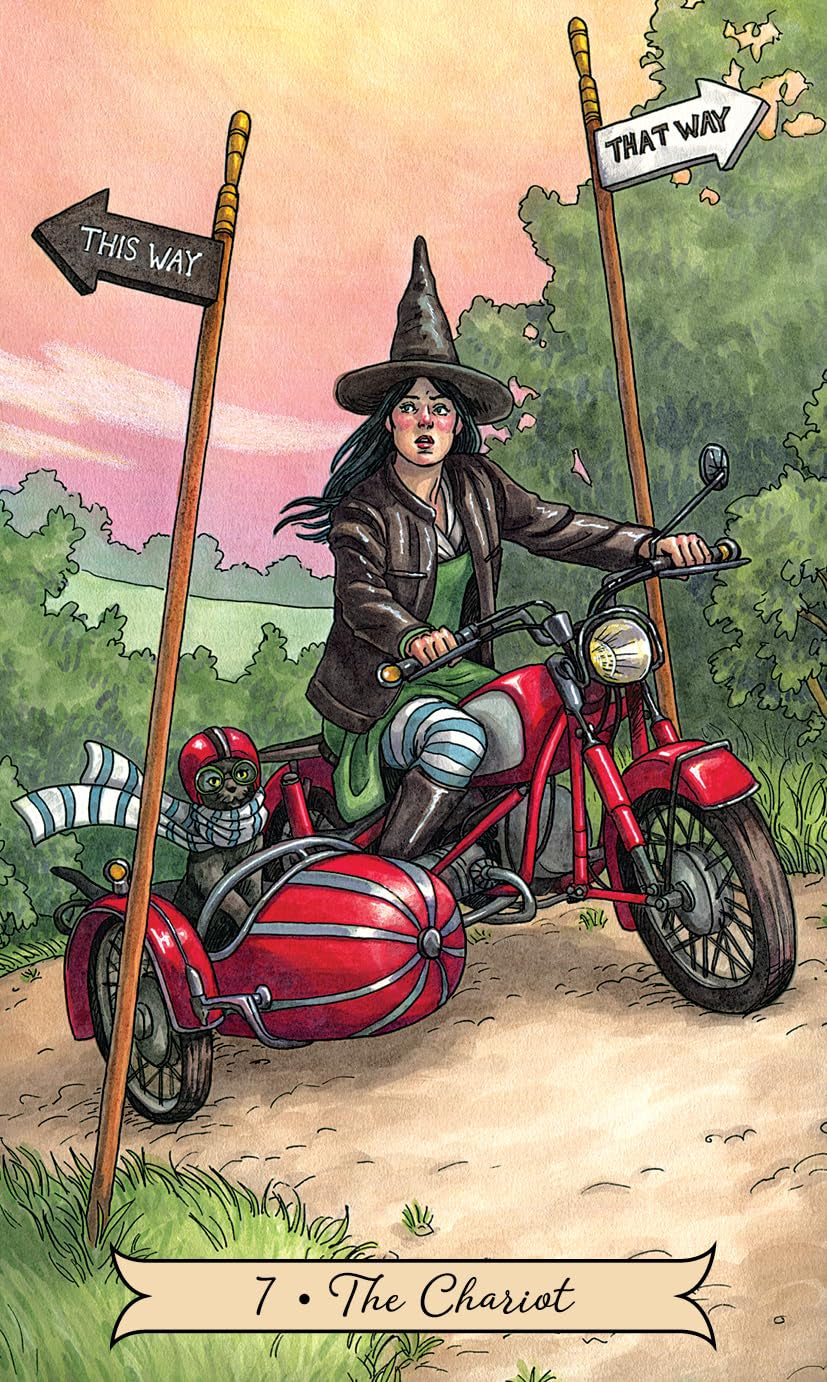 Cartoon witch riding a red motorcycle with a sidecar, surrounded by signs pointing 'This Way' and 'That Way', in a forest setting.