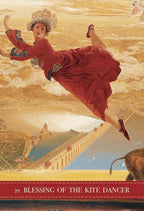 Woman in a red dress and hat flying above a classical architecture scene with a dog.