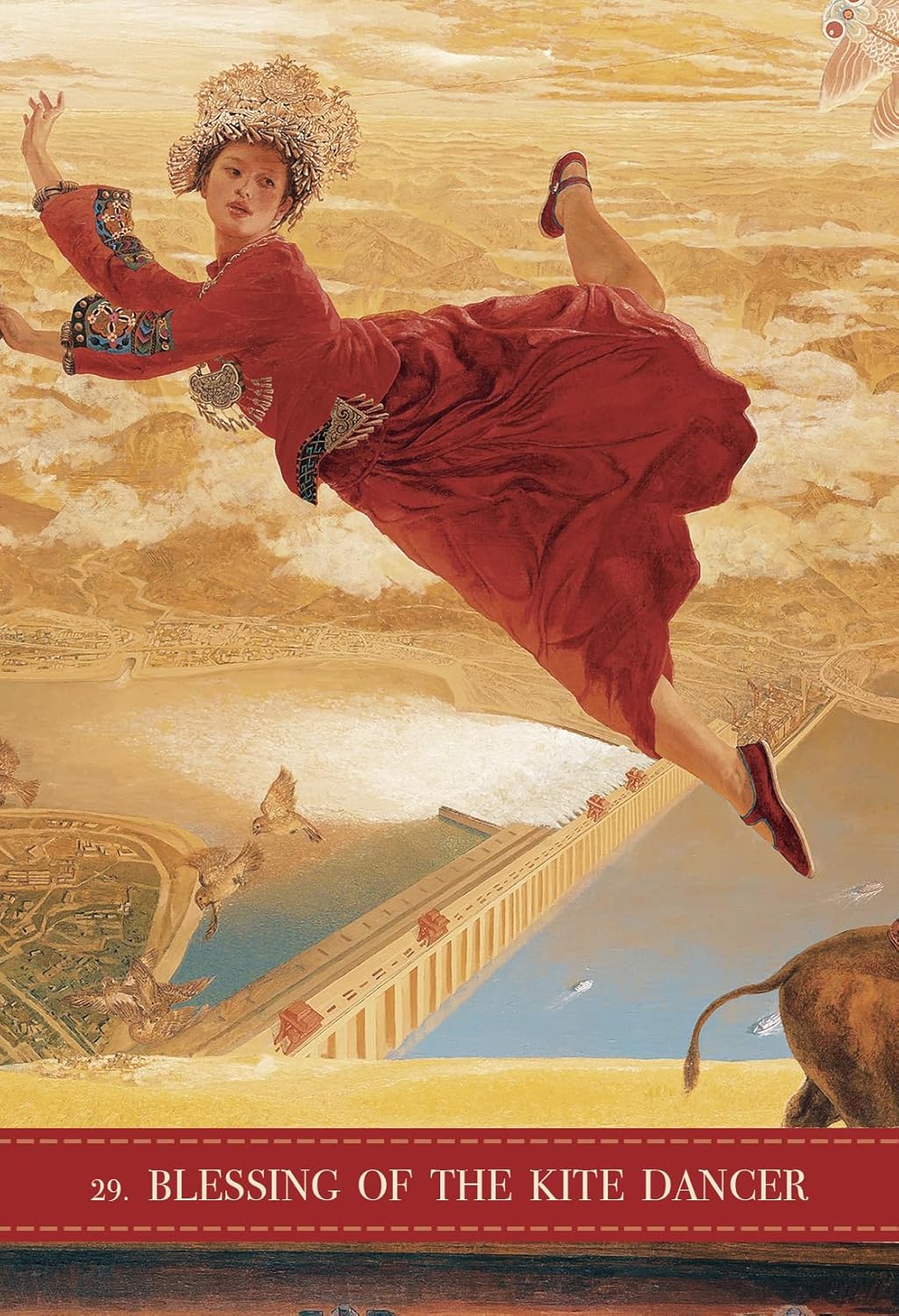 Woman in a red dress and hat flying above a classical architecture scene with a dog.