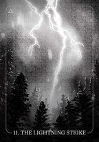 Illustration of a lightning strike over a forest with a tarot card border.
