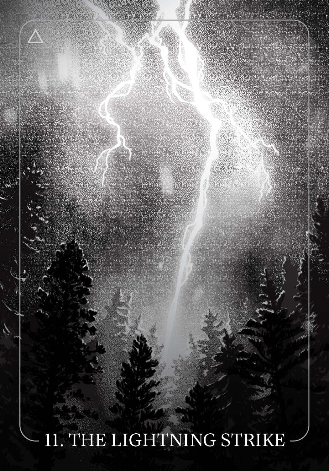 Illustration of a lightning strike over a forest with a tarot card border.