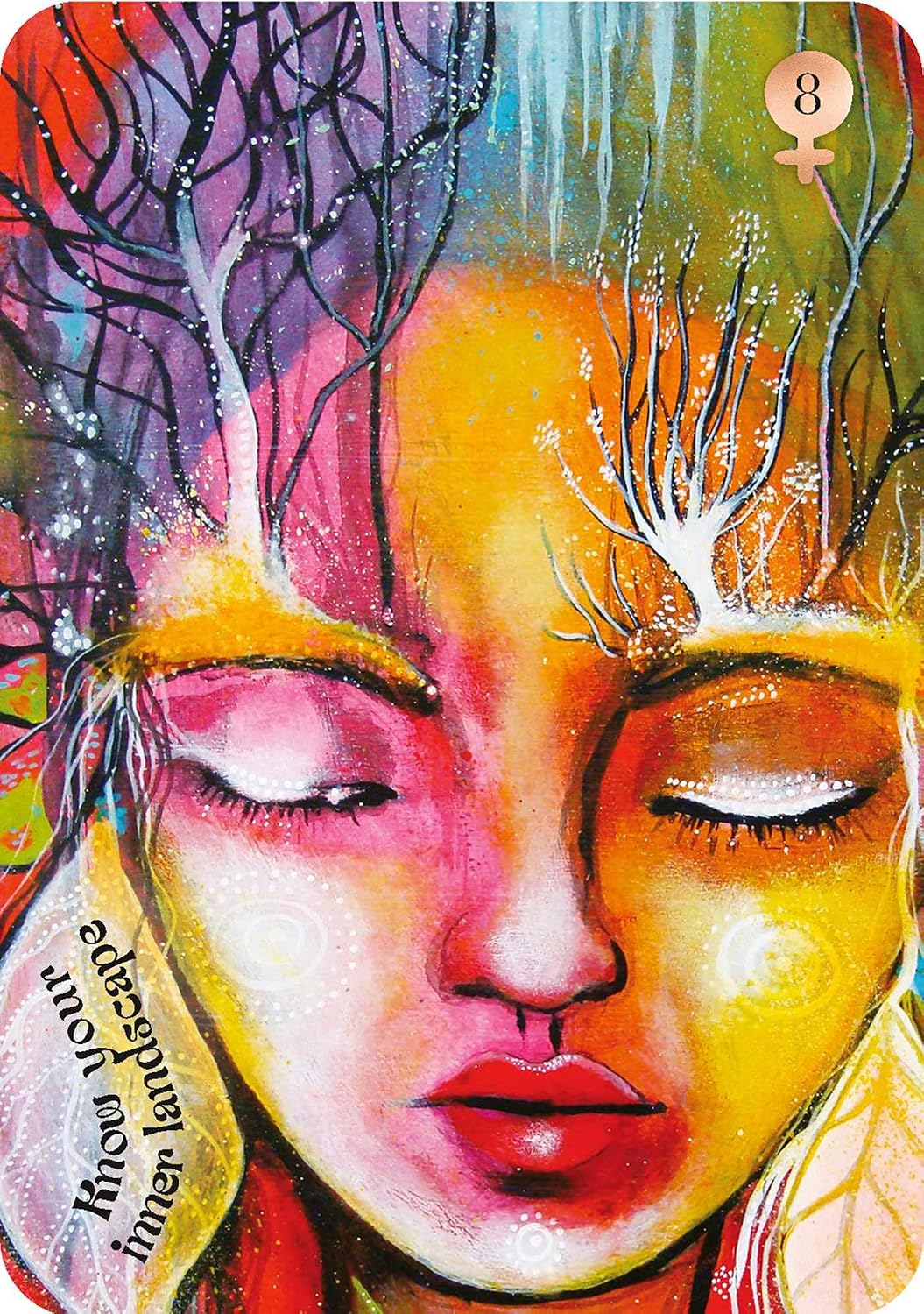 Colorful artwork of a face with tree-like branches and abstract elements, featuring the number 8 and text.