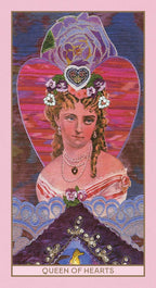 Card featuring a stylized illustration of a woman with a floral headpiece and jewelry, set against a pink and purple heart background. The text 'Queen of Hearts' is visible at the bottom.