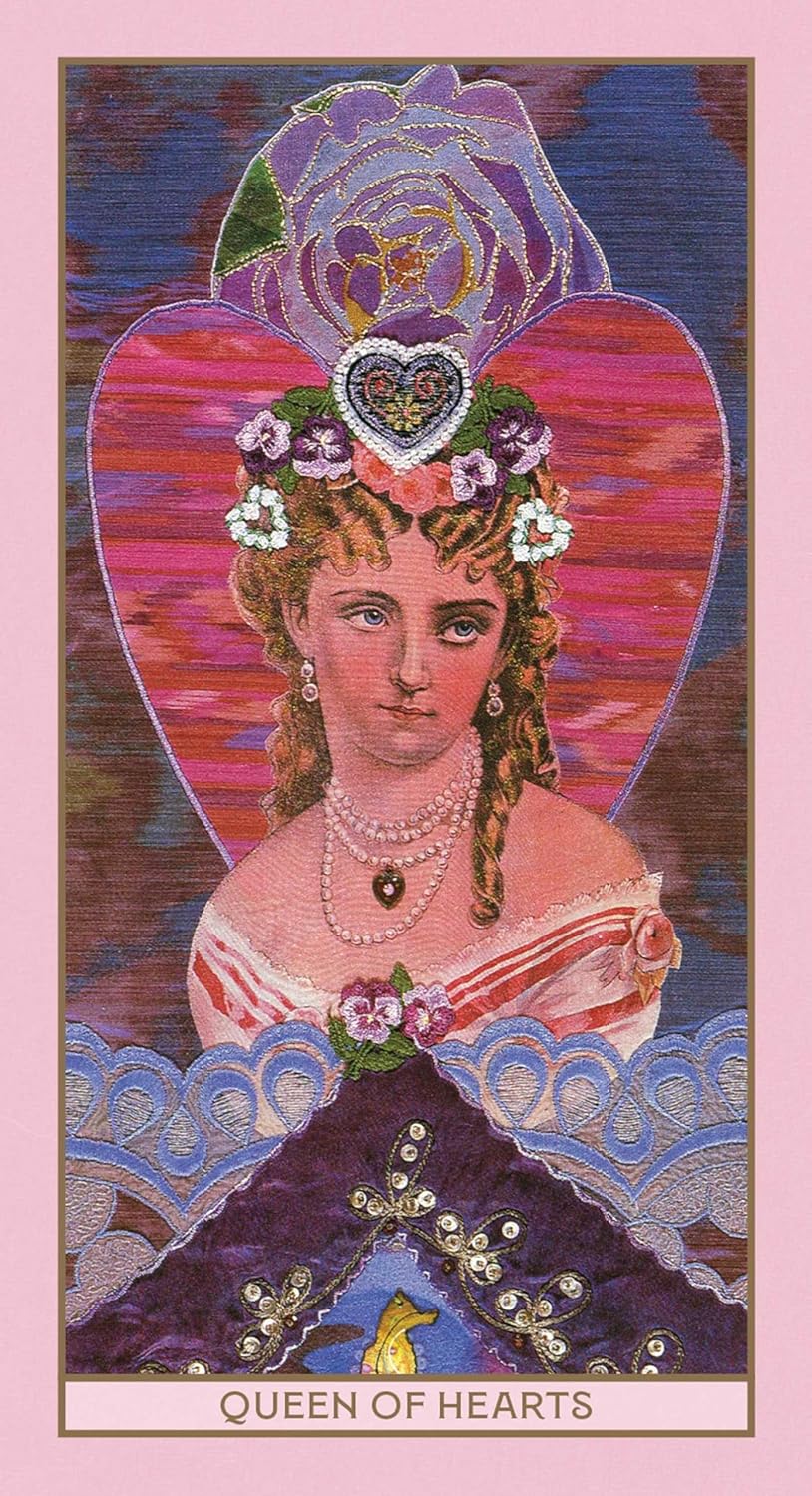 Card featuring a stylized illustration of a woman with a floral headpiece and jewelry, set against a pink and purple heart background. The text 'Queen of Hearts' is visible at the bottom.