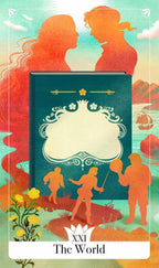 Tarot card design with two silhouetted figures and decorative elements on a colorful background