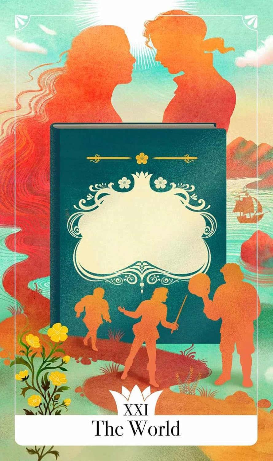 Tarot card design with two silhouetted figures and decorative elements on a colorful background