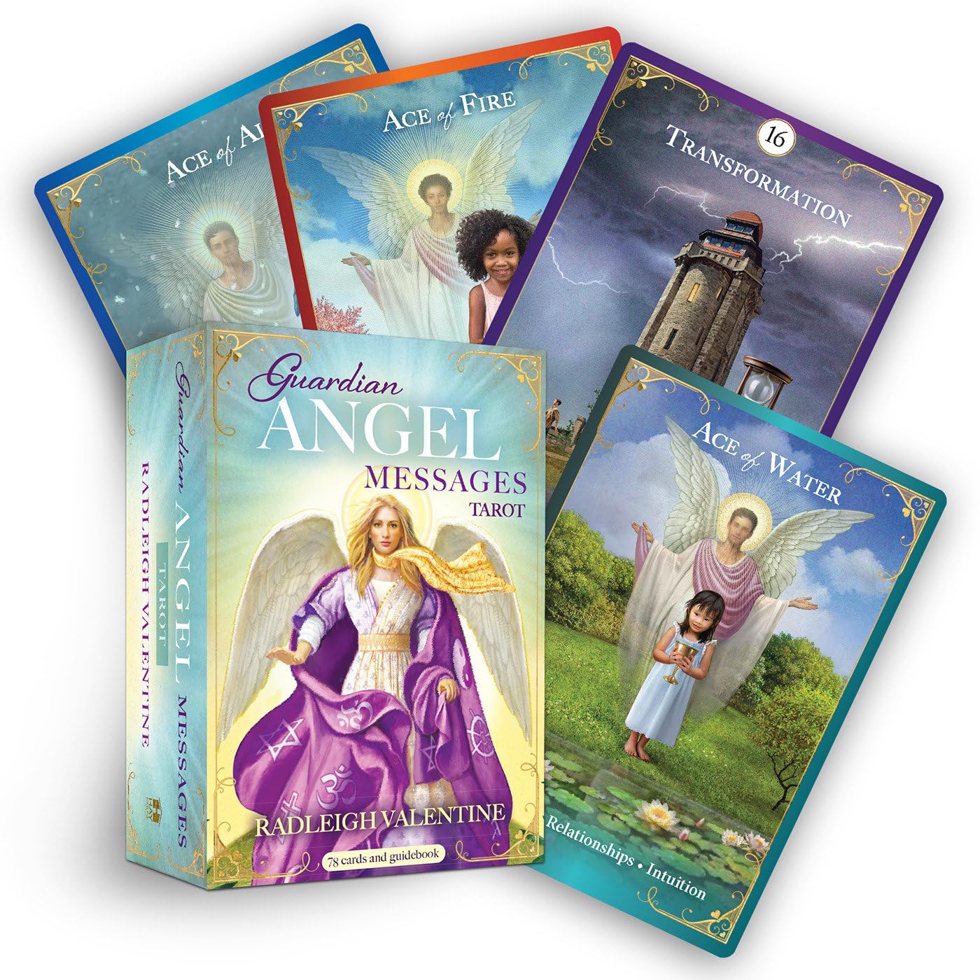 Guardian Angel Messages Tarot cards with a box featuring an angelic design.