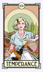 Tarot card titled 'Temperance' with a woman holding a basket, framed by nature elements.