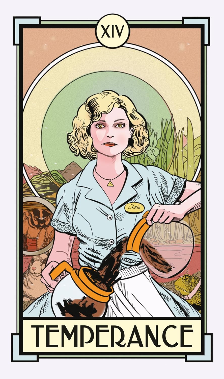 Tarot card titled 'Temperance' with a woman holding a basket, framed by nature elements.