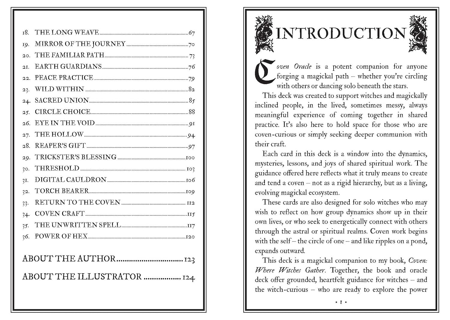 Table of contents and introduction page from a book or deck, with black text on white pages.