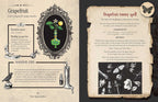 An open vintage-style book or booklet spread showing a 'Grapefruit Money Spell' page with illustrated grapefruit, a vial, a candle, and black-and-white botanical drawings on aged parchment-style paper.