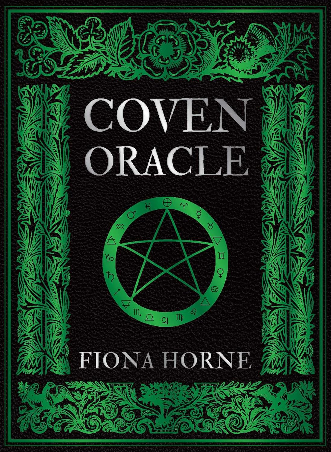 Book cover of 'Coven Oracle' by Fiona Horne with green pentacle symbol on a black background