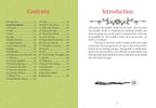 Book pages with table of contents and introduction text on a green and white background