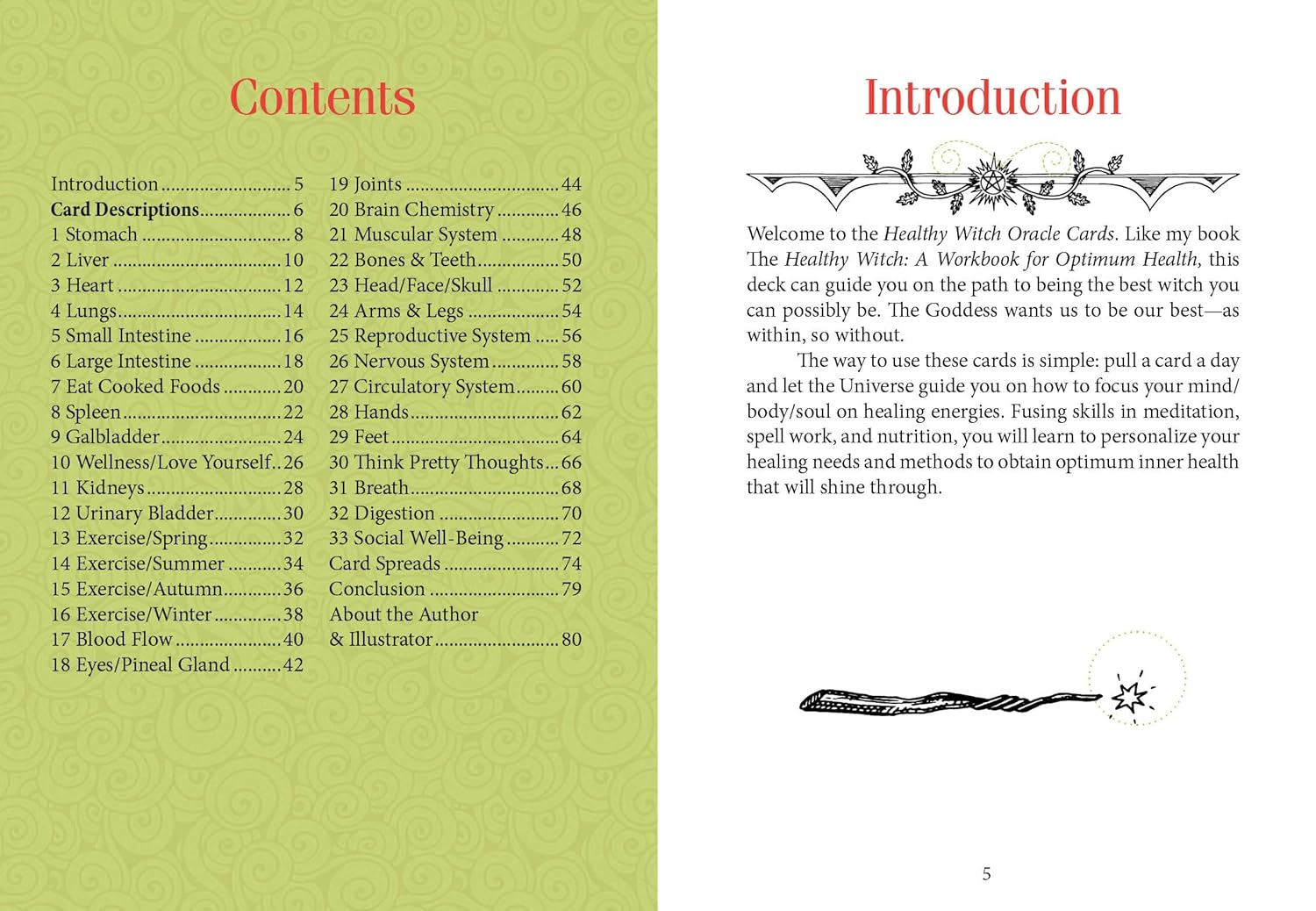 Book pages with table of contents and introduction text on a green and white background