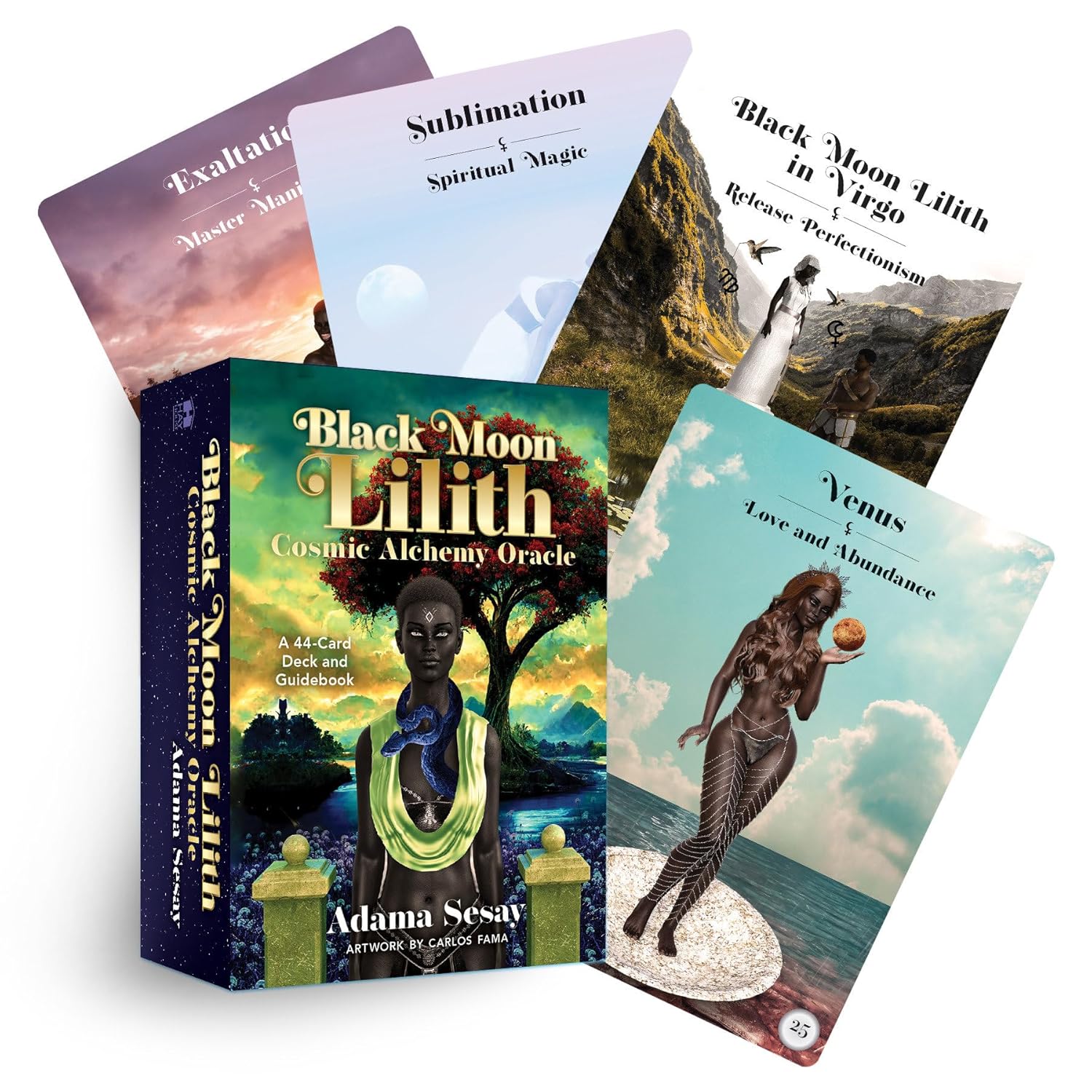 Black Moon Lilith Cosmic Alchemy Oracle deck with cards and box on a white background