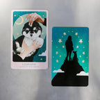 Two tarot cards featuring a dog and a silhouette of a person with a dog against a starry night sky.