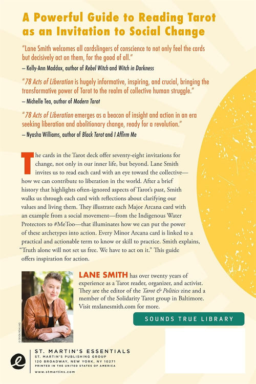 A book cover for 'A Powerful Guide to Reading Tarot as an Invitation to Social Change' by Lane Smith, published by St. Martin's Essentials.