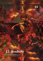 Artistic depiction of a person with fiery elements and text '23. Heartache Unfaithfulness' on a dark background.