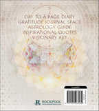 Front cover of a Rockpool 'Day to a Page' journal/planner featuring a light beige geometric pattern background, central celestial and mandala-style artwork, and a barcode label at the bottom right.