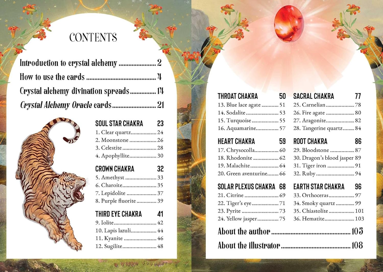 Table of contents for a book on crystal alchemy with illustrations and text.
