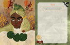 A split design featuring an illustrated portrait of a woman with green leaves and autumn leaves in her hair on the left, and a lined writing page with the title 'Toad' and a short prompt on the right, set against a textured green background.