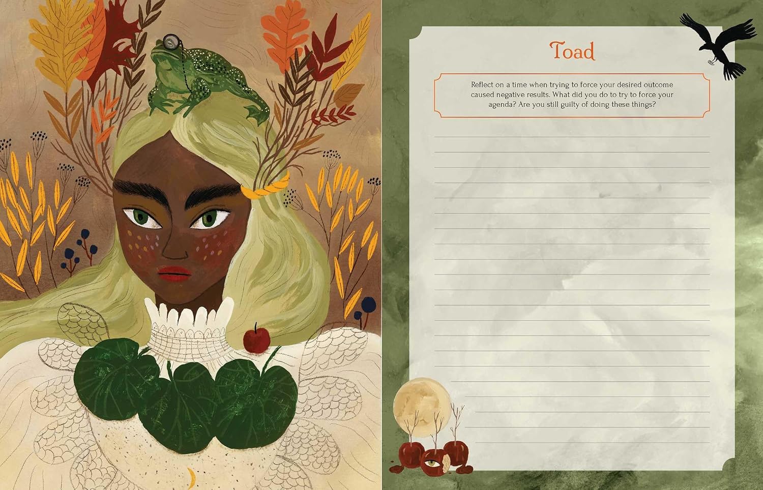 A split design featuring an illustrated portrait of a woman with green leaves and autumn leaves in her hair on the left, and a lined writing page with the title 'Toad' and a short prompt on the right, set against a textured green background.