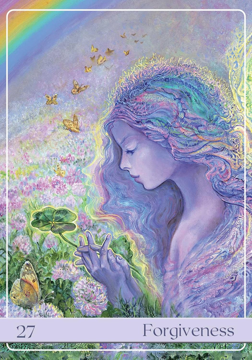 Artistic depiction of a woman with butterflies and flowers, titled 'Forgiveness'.