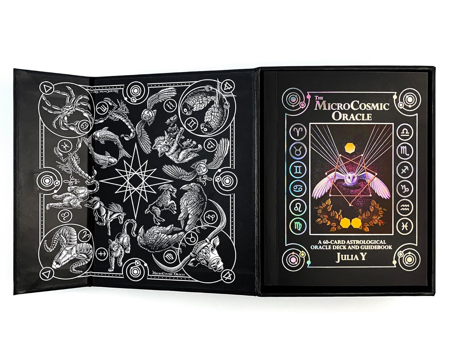 Open book displaying astrological symbols and a cover with a owl and geometric design, titled 'MicroCosmic Oracle'.