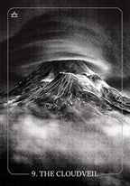 Black and white illustration of a mountain with 'The Cloudveil' text
