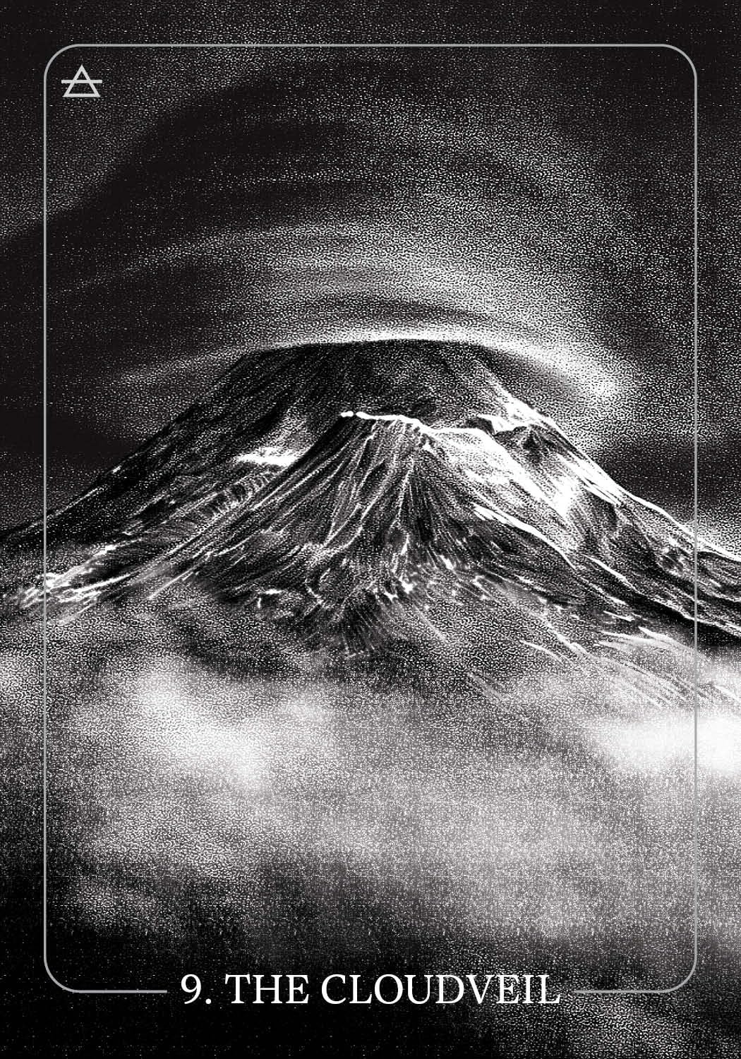 Black and white illustration of a mountain with 'The Cloudveil' text