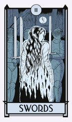 Tarot card with a woman and sword imagery, labeled 'SWORDS'.