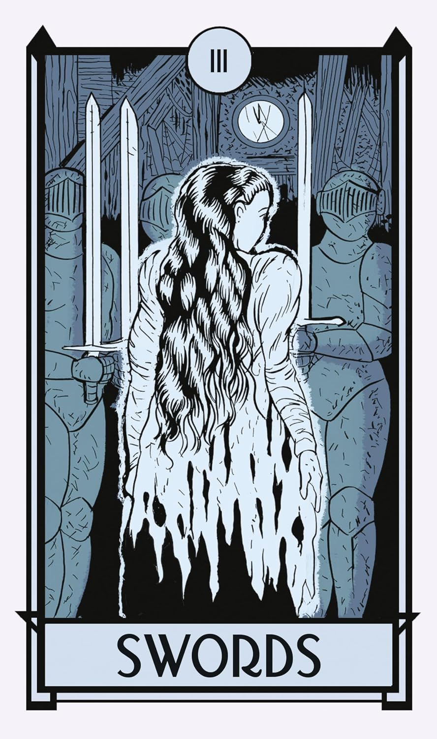 Tarot card with a woman and sword imagery, labeled 'SWORDS'.