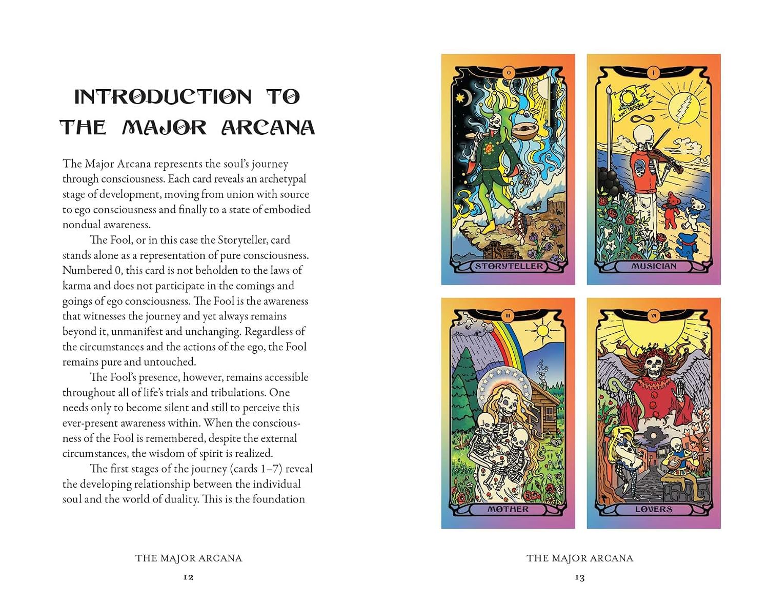 A printed page from a book or booklet titled 'INTRODUCTION TO THE MAJOR ARCANA' with paragraphs of text on the left and two colorful tarot card illustrations labeled 'THE MAJOR ARCANA' on the right. The page includes page numbers 12 and 75 at the bottom.