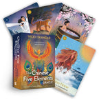 Collection of tarot cards and book titled 'The Chinese Five Elements Oracle' by Vicki Iskandar on a white background.